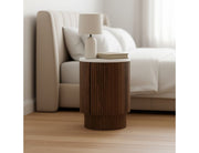 Reyna walnut and white accent table open swing door revealing hidden storage compartment with shelf